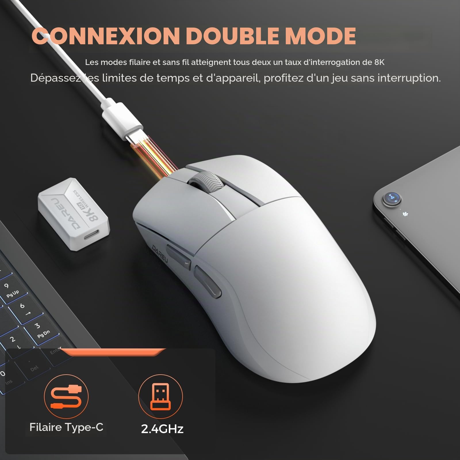 DAREU A950 Wing Souris Gamer sans Fil, Ultra Légère 35g, Souris de Jeu sans Fil/Filaire Polling Rate de Dual 8000 Hz, 30 000 DPI Capteur Optique, Ergonomique Symétrique, Batterie de 70 Heures (Blanc)