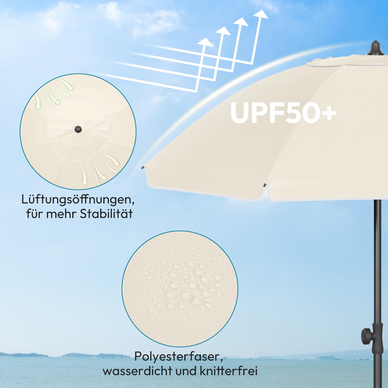 Laneetal Parasol de Plage Ø135/155/175cm, Imperméable en Tissu Anti-UV à UPF 50+, Toile Inclinable, Hauteur Réglable, Parasol Rond Anti-Vent pour Balcon/Terrasse/Patio/Piscine