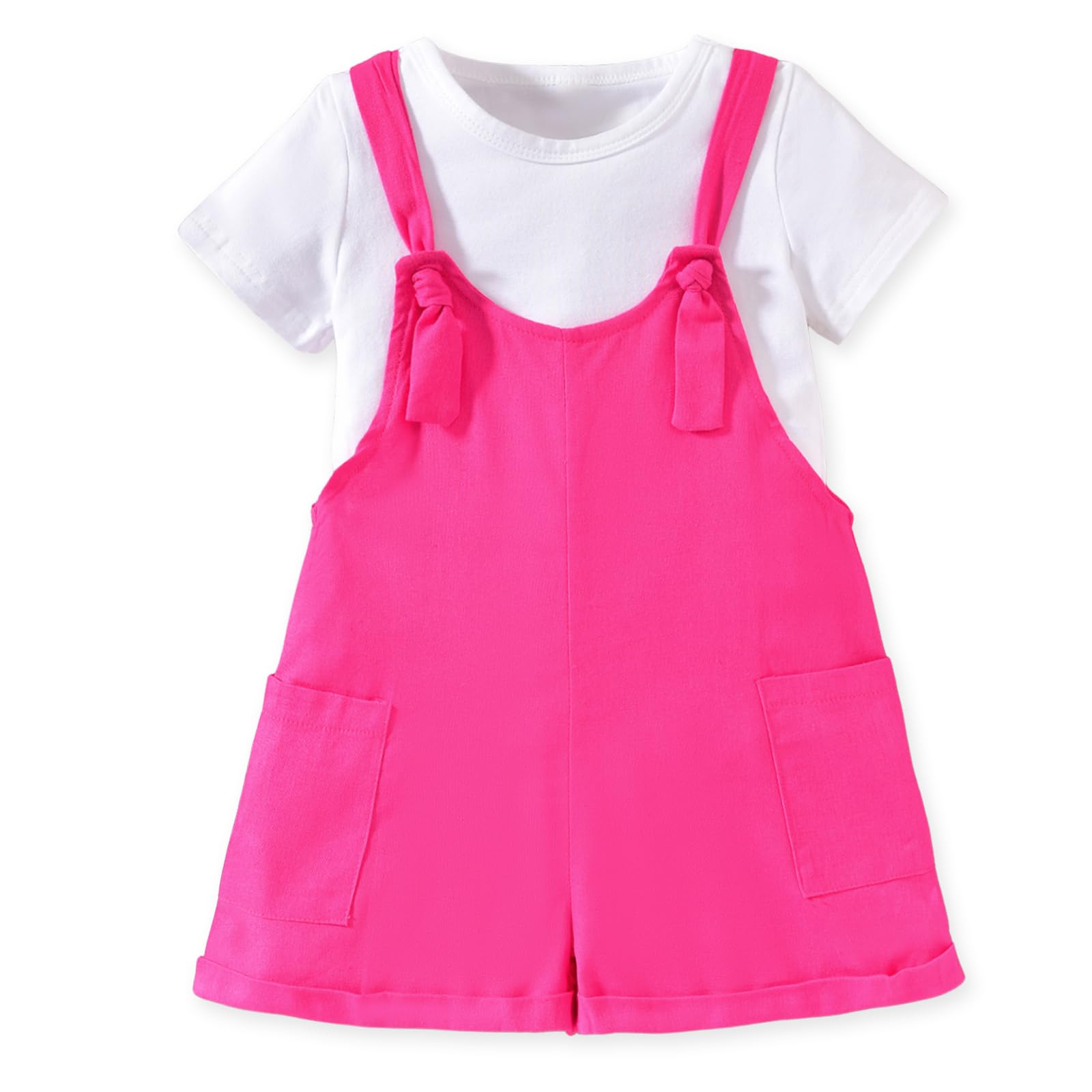 HINTINA Toddler Girl Overall Shorts Set Adjustable Loose Jumpsuit Short Sleeve T-shirt Vacation Summer Outfits with Pockets