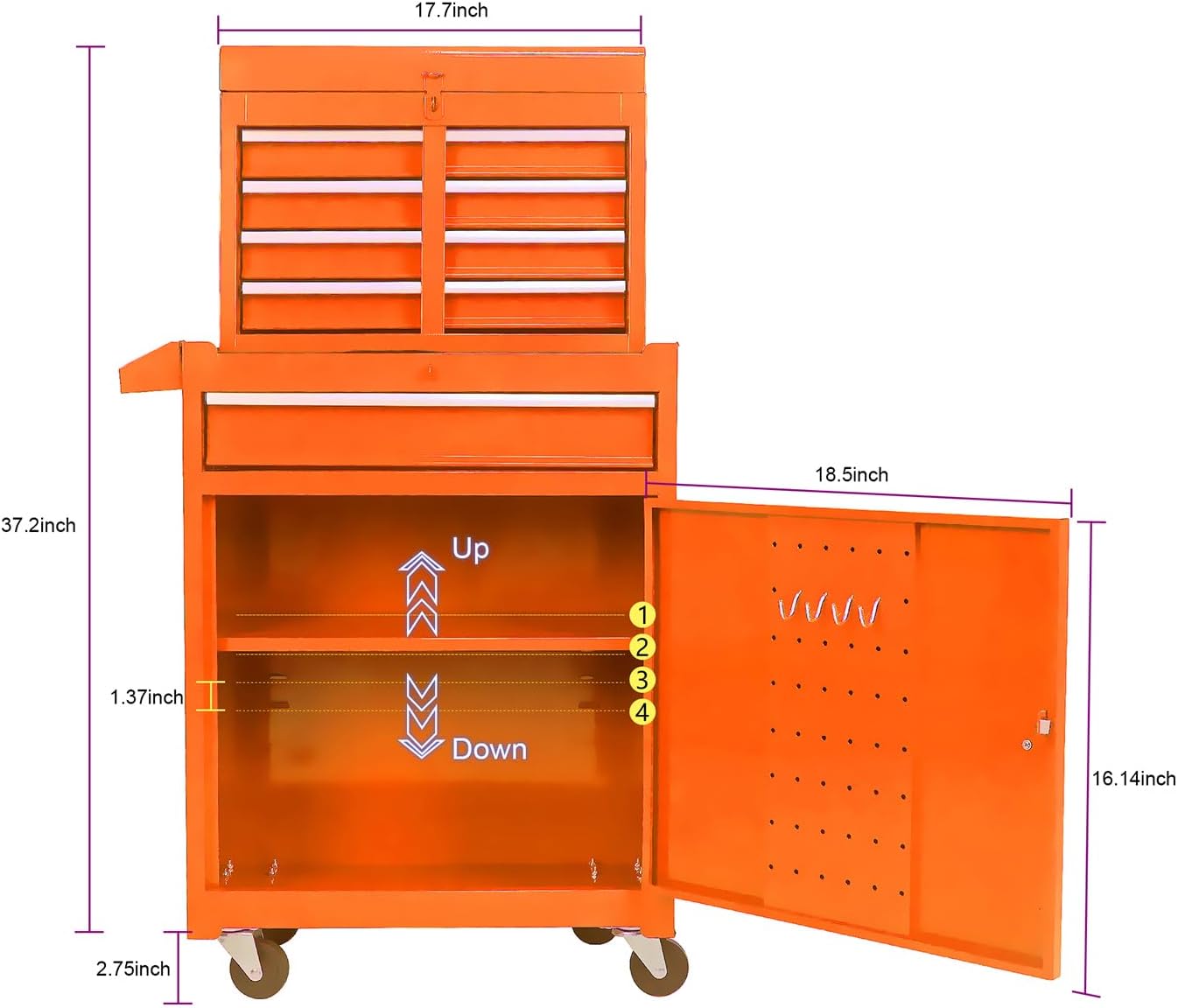 Rolling Tool Chest, 5-Drawer Tool Box Organizer with Lockable Wheels & Sliding Drawers & Detachable Top & Adjustable Shelf, Storage Cabinet for Garage Workshop,Orange