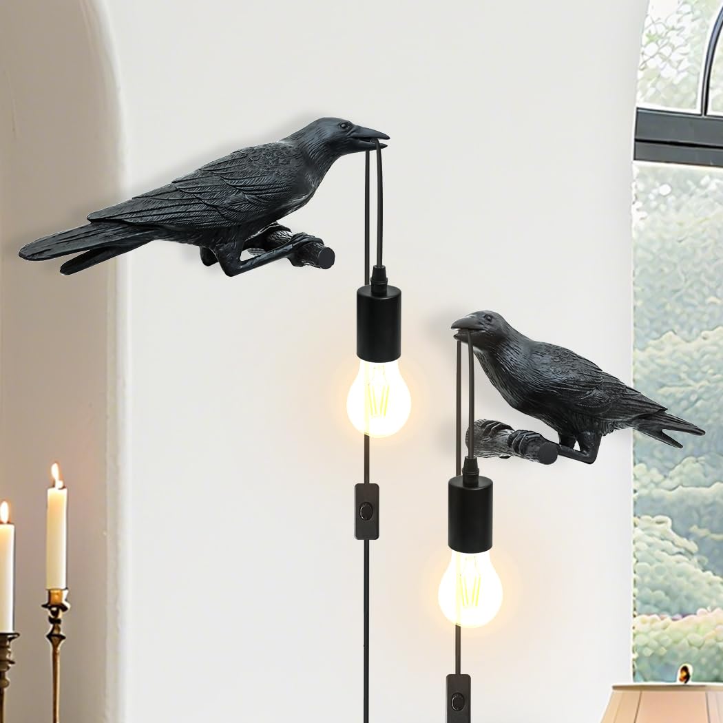 YESINTO Crow Lamp Gothic Wall Light Resin Crow Wall Lamp Bedside Bedroom Living Room Decorative Lamp (Pack of Two)