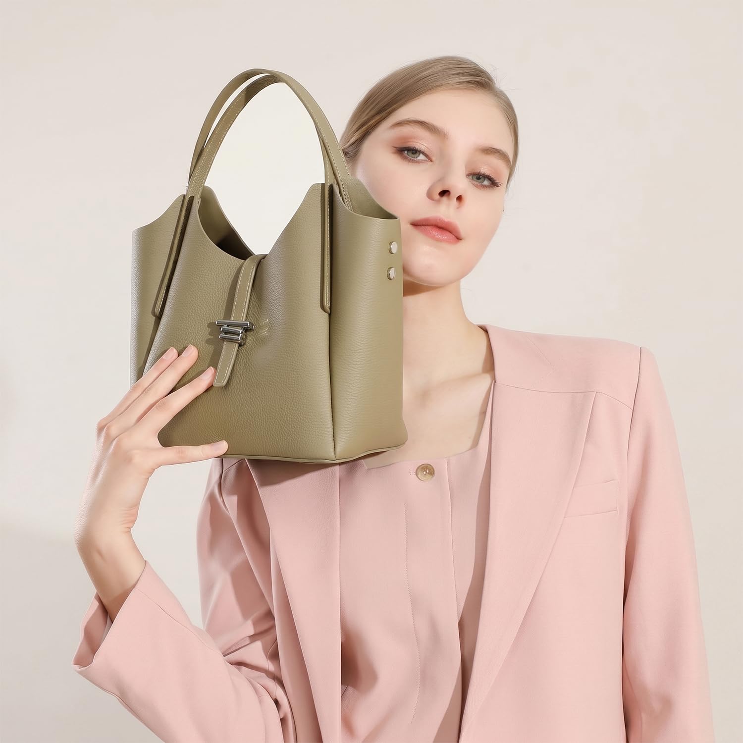 Bolso Cesta Forma de Campana Mujer Cuero Genuino, Bolso de Mano Bombonera Primavera Verano, Bolso Bandolera Moda para Trabajo y Diario Caquí