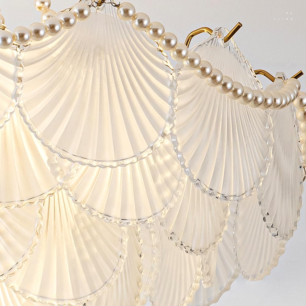 Lámpara de araña de Cristal Esmerilado Dorado de 20" - Diseño Art Déco de Perlas y Conchas Marinas, lámpara de Techo semiempotrada Grande de 4 Niveles, Estilo nórdico Moderno, Colgante para