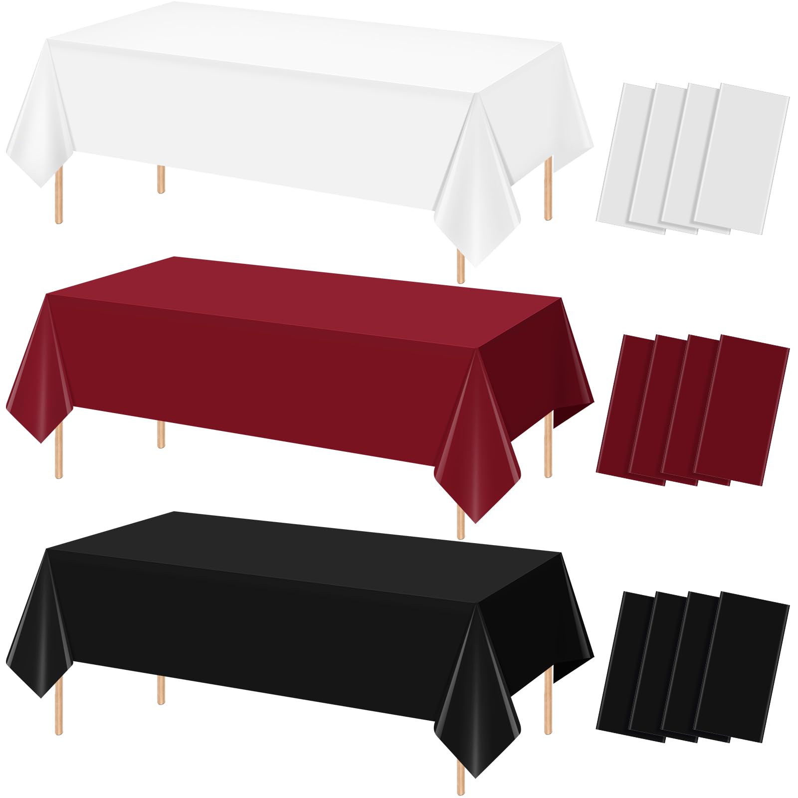 12 Pcs Maroon Black White Plastic Tablecloths Bulk,54 x 108 Inch Disposable Rectangle Party Table Cloth Waterproof Table Cover for Birthday Wedding