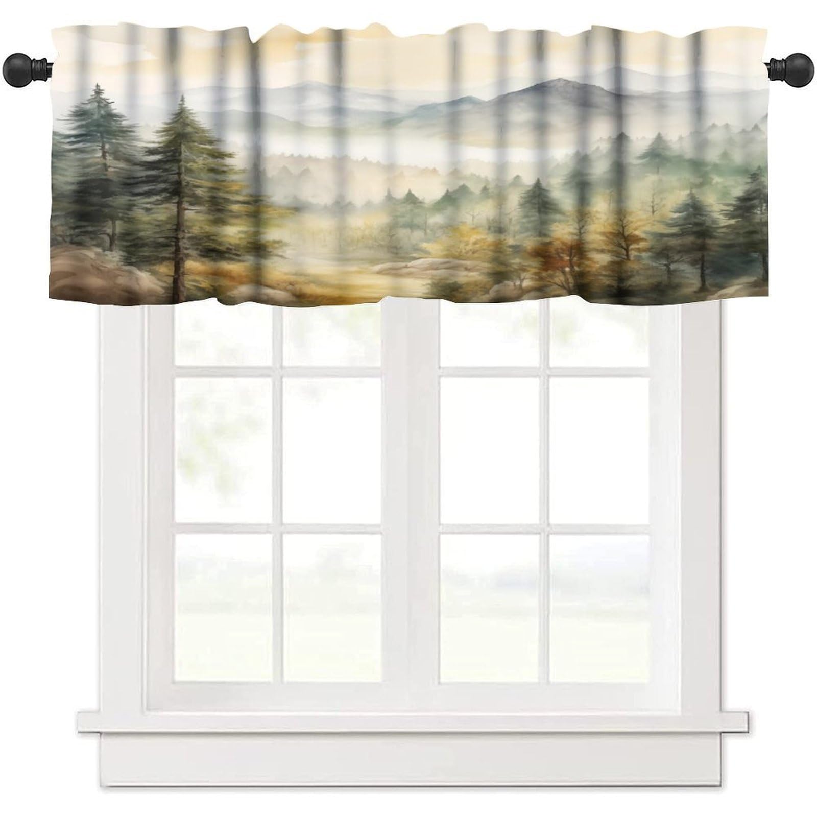 LOMADIA Forest Valance Curtain for Kitchen, Watercolor Mountain Forest Nature Tree Woodland Pattern Window Treatment Rod Pocket Drapes for Bedroom