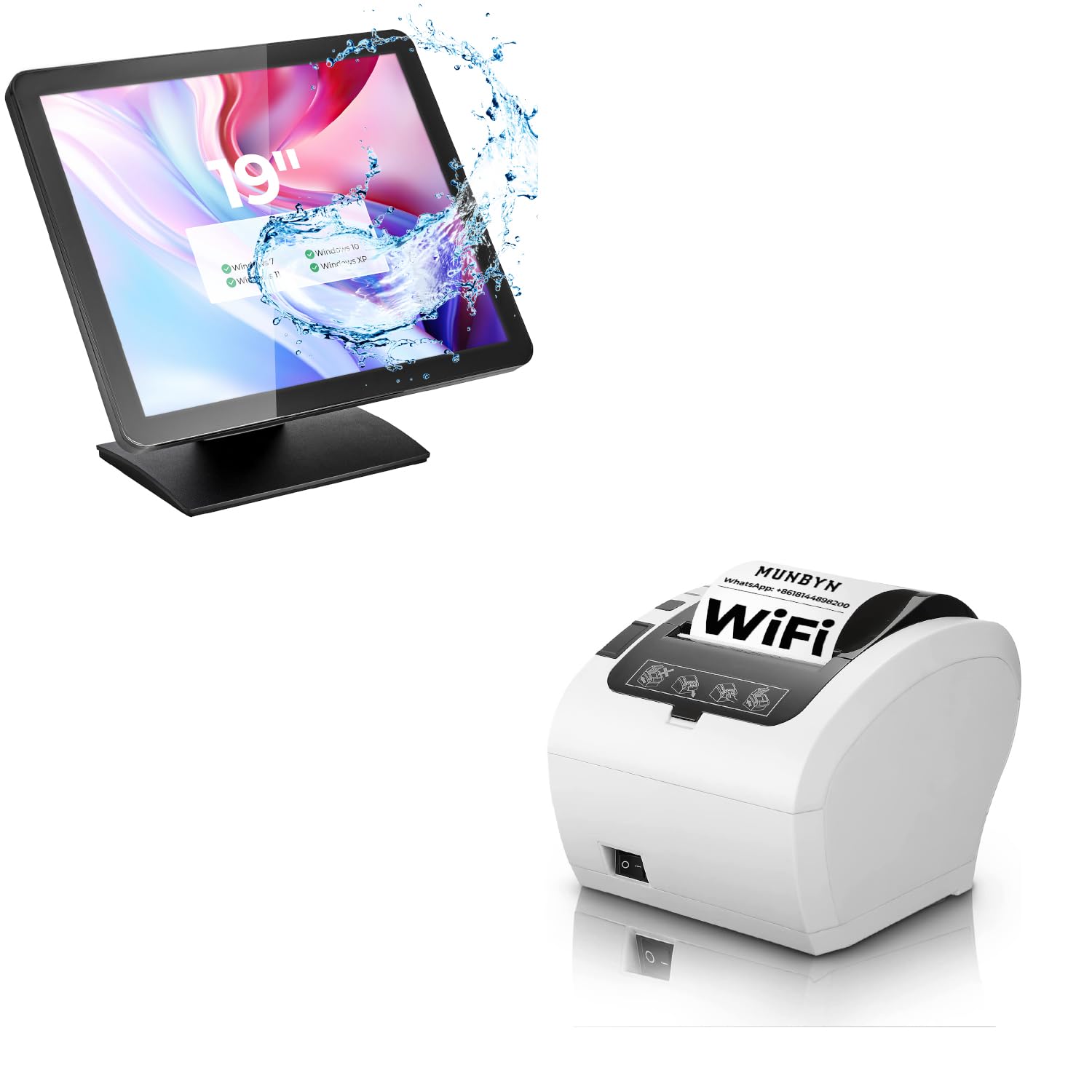 MUNBYN 19-inch POS-Touchscreen-Monitor, POS-Systems-for-Small-Business, LED Multi-Touch-Screen-Monitor, and WiFi Thermal Receipt Printer with USB/LAN/RS232 Port, 80mm POS Printer Works with Square