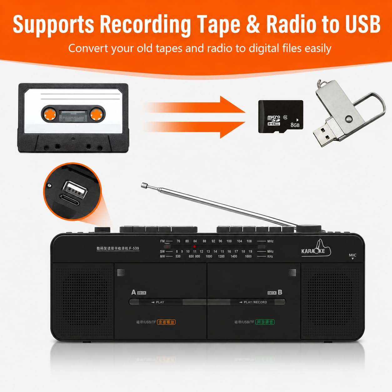 Doppio lettore nastro - Registratore a cassette - Radio FM/SW/WM - Disco MP3/U, riproduzione di schede TF - Registrazione con un clic