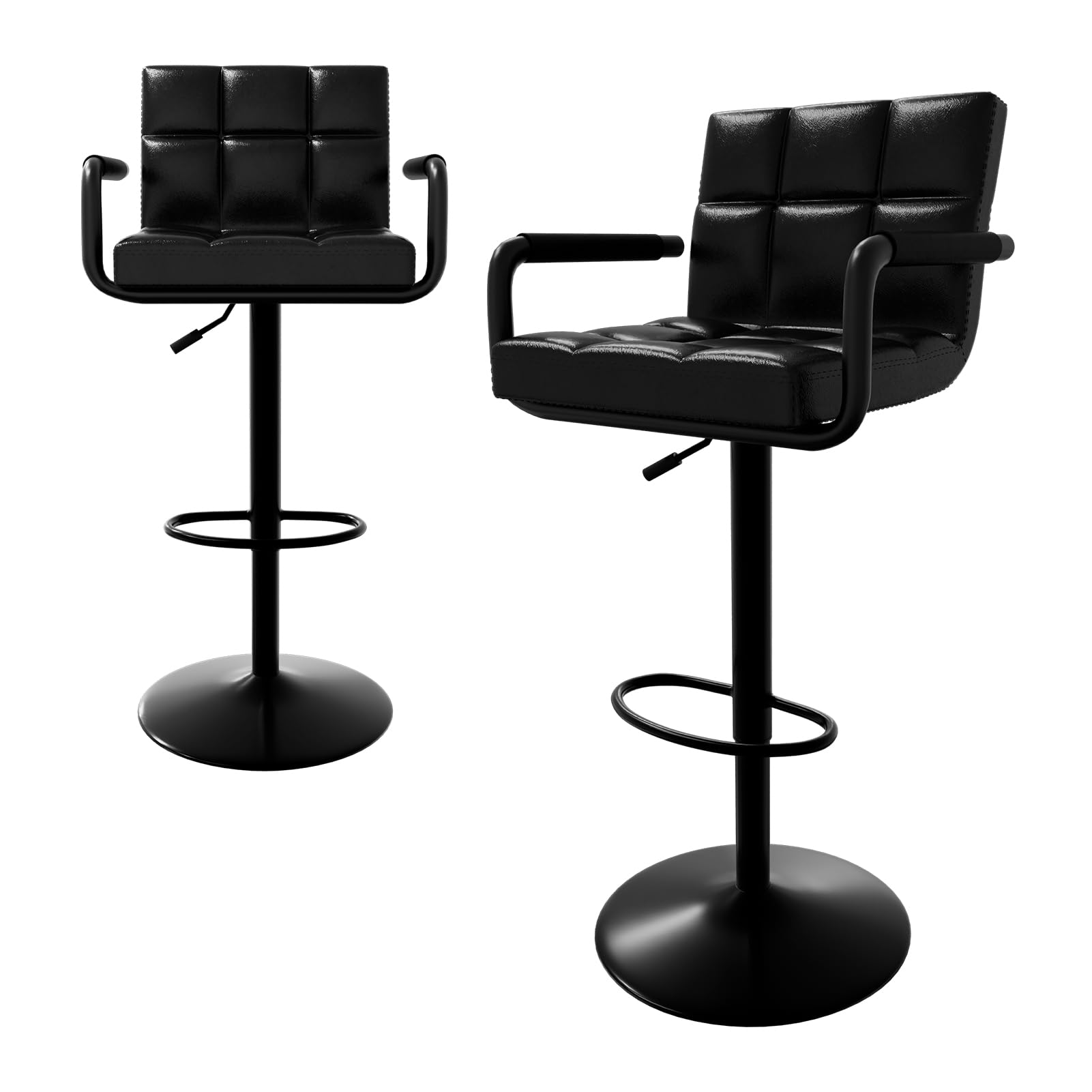 Fruyyzl Taburetes Altos de Cocina Juego de 2, Taburete Bar Giratorio Ajustable de Cuero PU Moderno, Apoyabrazos Cojín Asiento Engrosado Taburete Alto (Negro, Patas Negras)