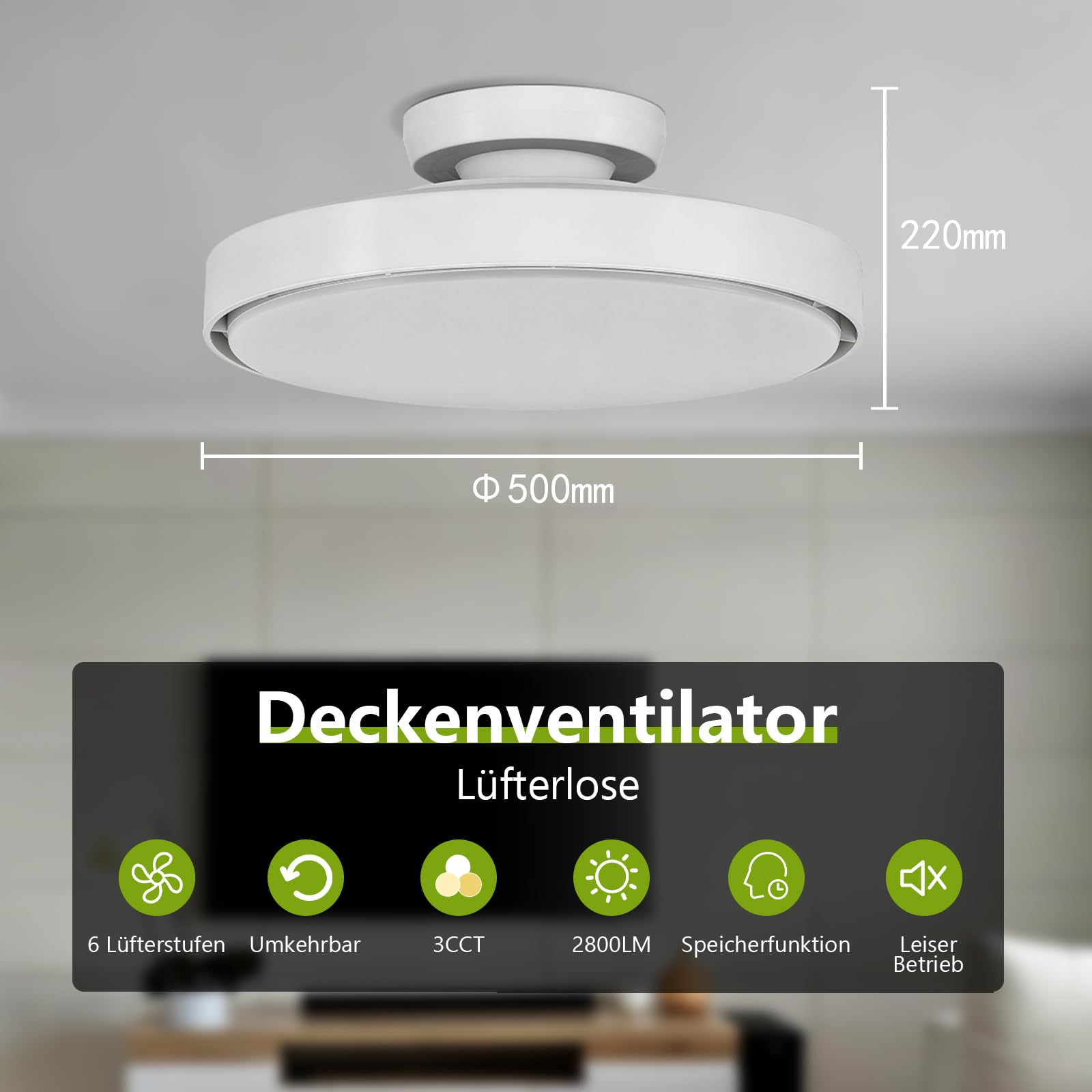 Ventilator Deckenleuchte Ø50cm x 22cm Blattloser Deckenventilator mit Beleuchtung 56W Dimmbar Fernbedienung 3CCT (3000K-6500K) 6 Gang Timer Leise 2800lm