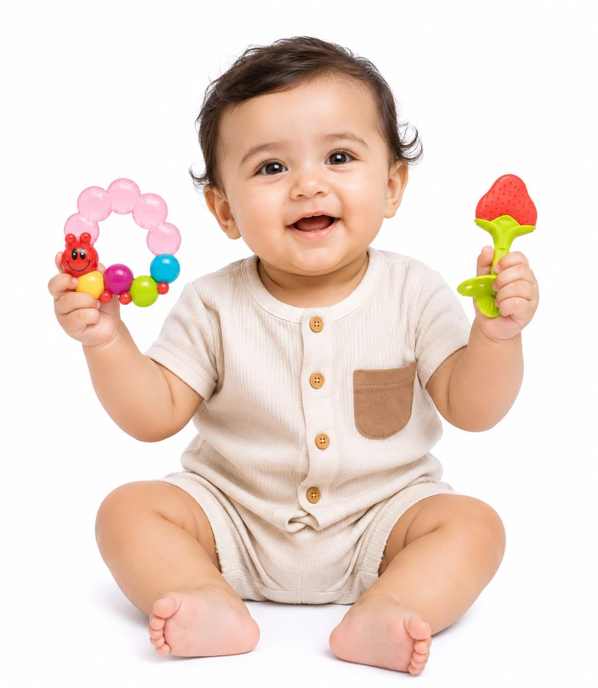 flower baby caterpillar water ring & fruit silicone teether set | bpa free, freezeable, ages 3 months & up, easy to clean, 2-piece set