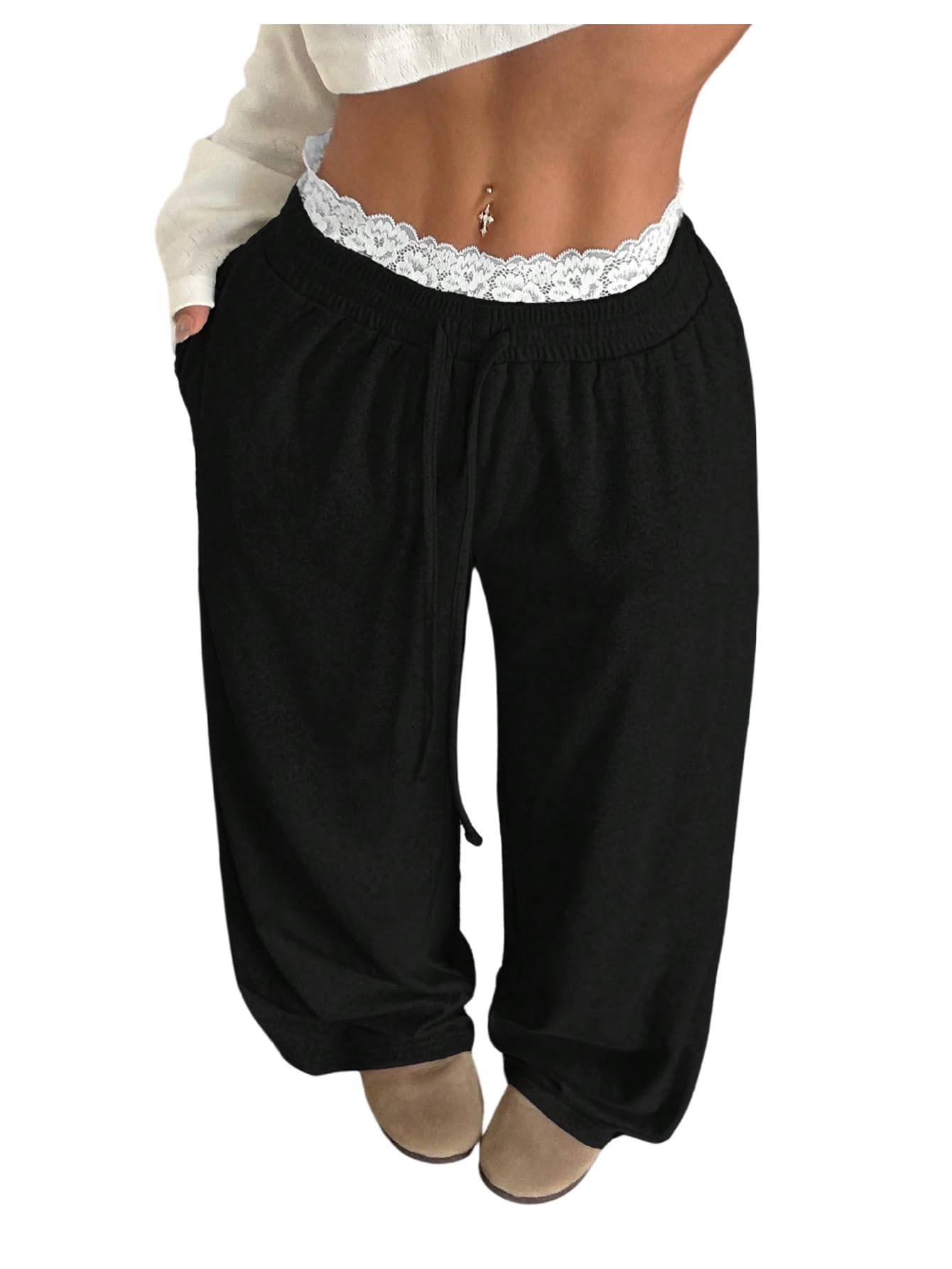 OYOANGLE Womens Lace Trim Wide Leg Sweatpants Drawstring Elastic Waist Loose Baggy Joggers with Pockets