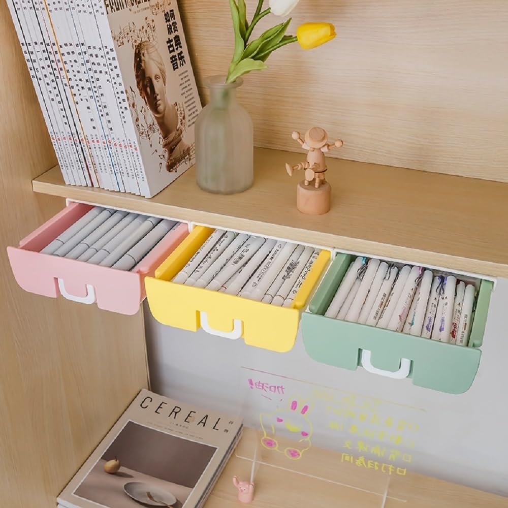 2 Pink Under Table Drawers, Desk Drawer Attachment, Hidden Adhesive Drawers for Under Counter, Organizer for Home Office Classroom, Same Size (Pink + Pink)