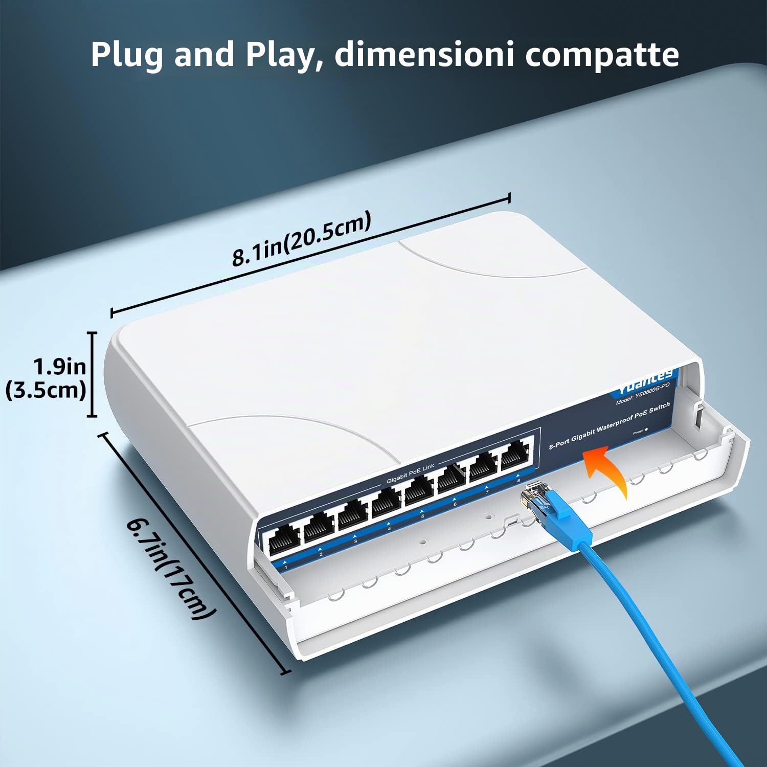 YuanLey Switch PoE a 8 Porte Gigabit Ethernet Impermeabile per Esterni Switch di Rete non Gestito 1000Mbps, Alimentazione Integrata da 120 W, Supporto IEEE802.3af/at e Plug & Play