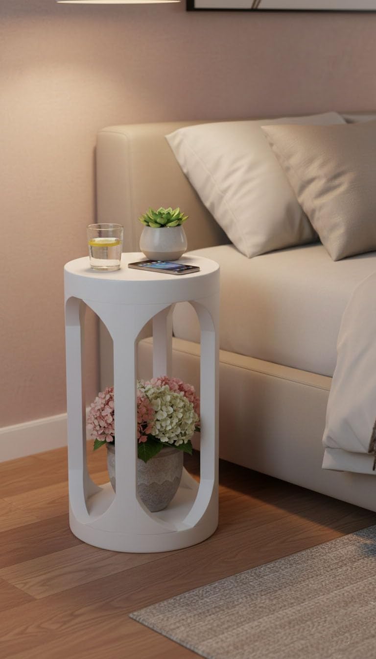 mango wood modern white side table – round small end table for living room, bedroom & sofa side – minimalist accent table for small spaces | 20x20x37 cm (white)