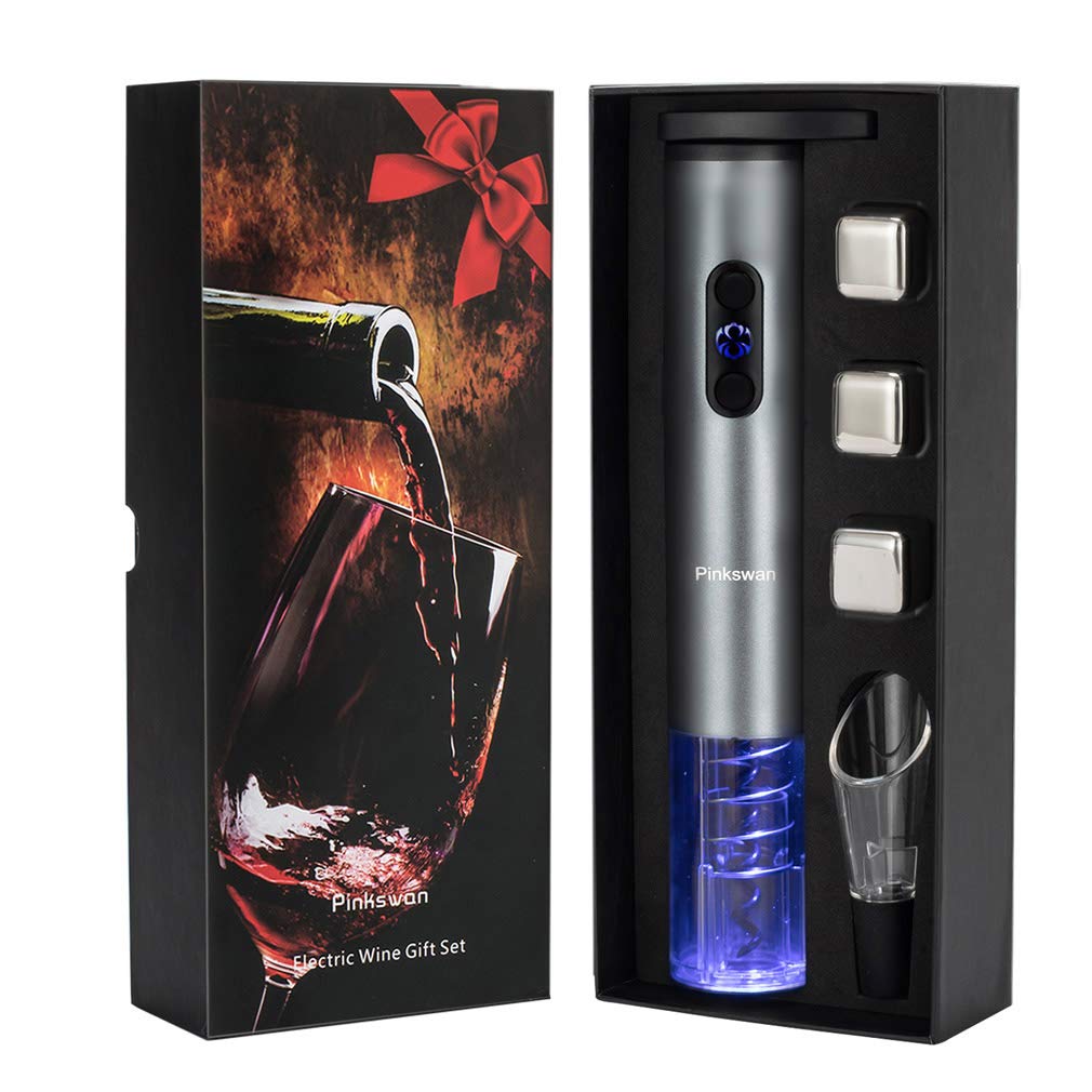 Juego de regalo eléctrico para abridor de vino, piedra de whisky, regalos para amantes del vino con accesorios de vino de sacacorchos automático, cubo de hielo de metal, vertedor de vino, cortador de