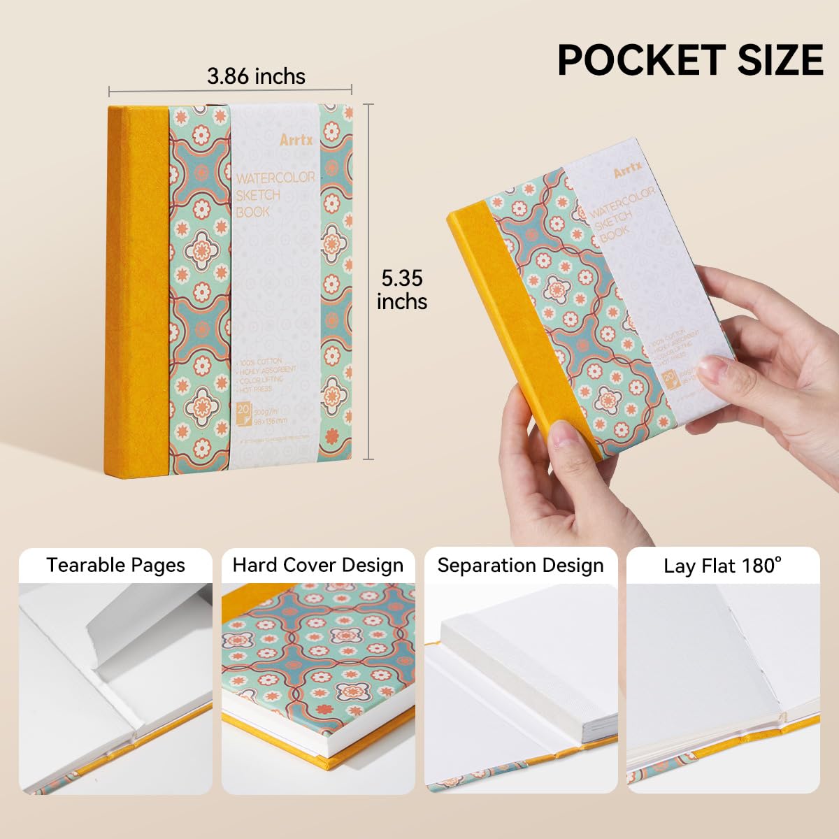 Arrtx Watercolor Sketchbook,100% Cotton Acid-Free 140lb/300gsm Hot Press Hardcover Watercolor Journal Notebook 2 Pack,40 Sheets 5.35 x 3.86 inches image 5