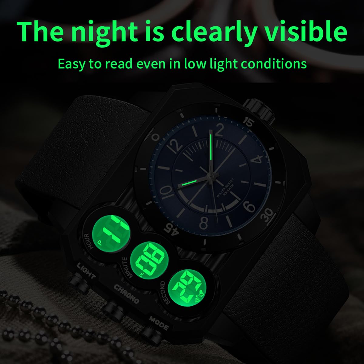 findtime Reloj analógico digital único para hombre, doble zona horaria, deportivo, al aire libre, cuadrado, grande, alarma, cronómetro, cuenta regresiva, LED, luminoso, negro y verde