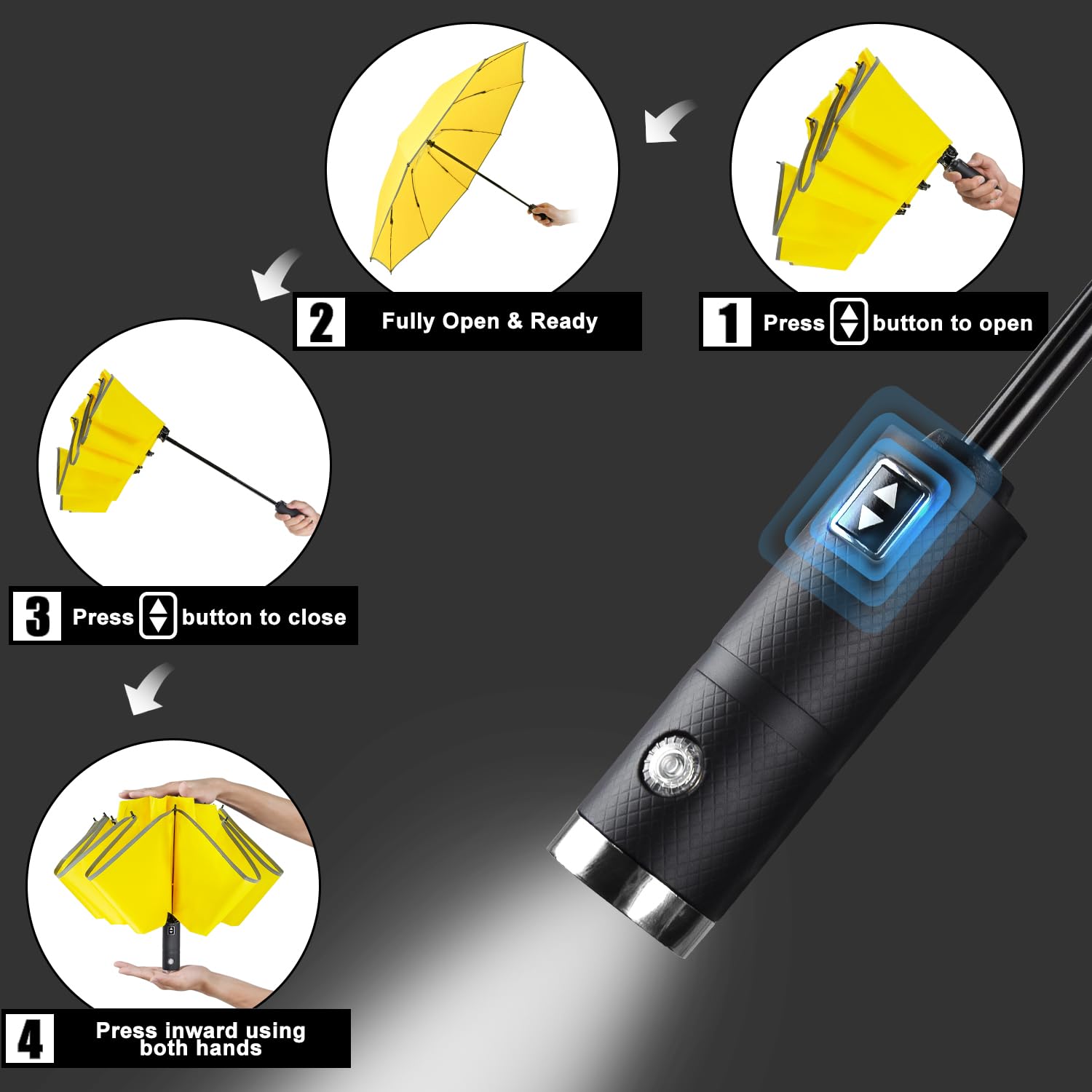 Lejorain Paraguas plegable automático invertido – Paraguas amarillo resistente al viento LED linterna mango con tira reflectante