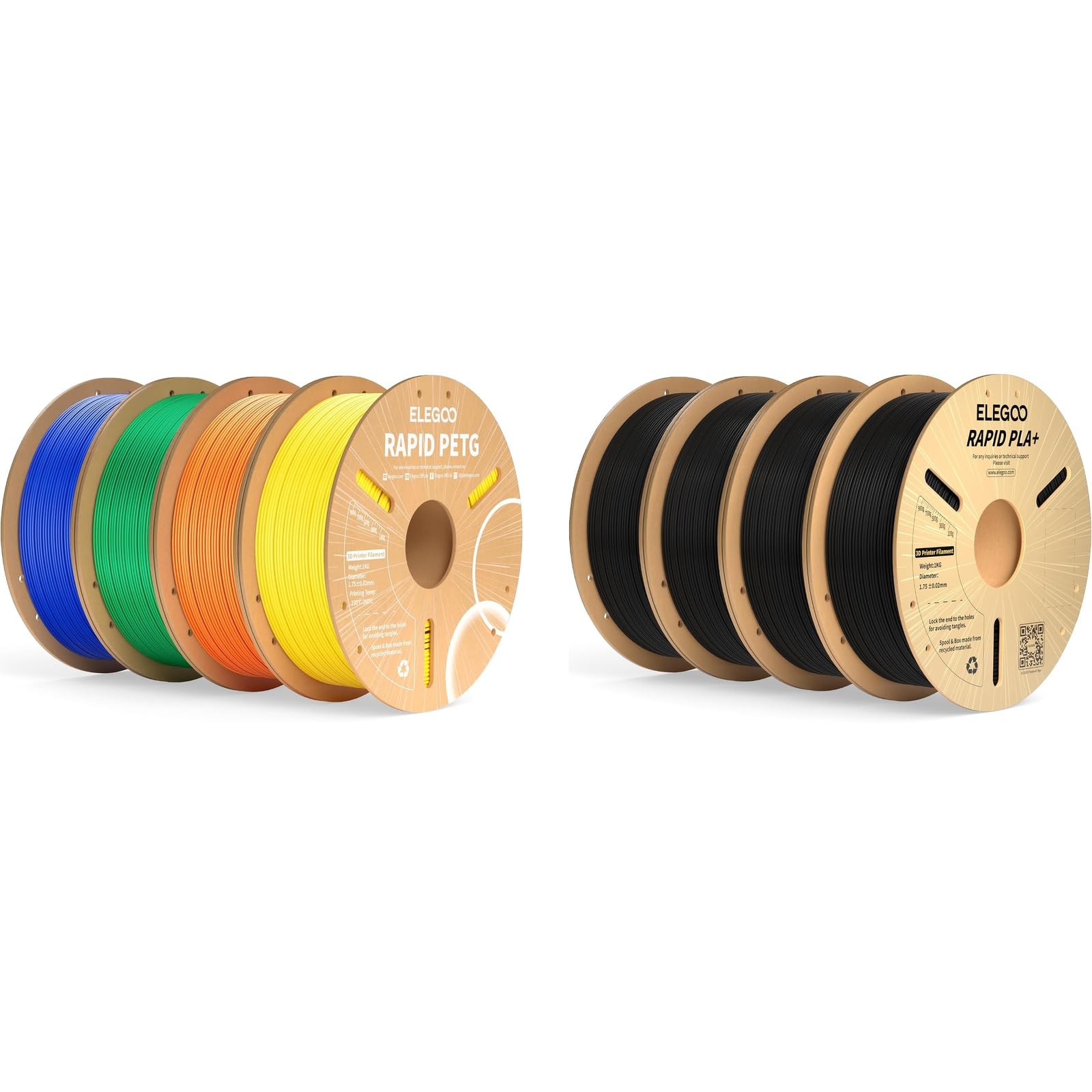 ELEGOO PETG Filament Gelb/Orange/Grün/Blau 4KG & PLA+ Schwarz 4KG