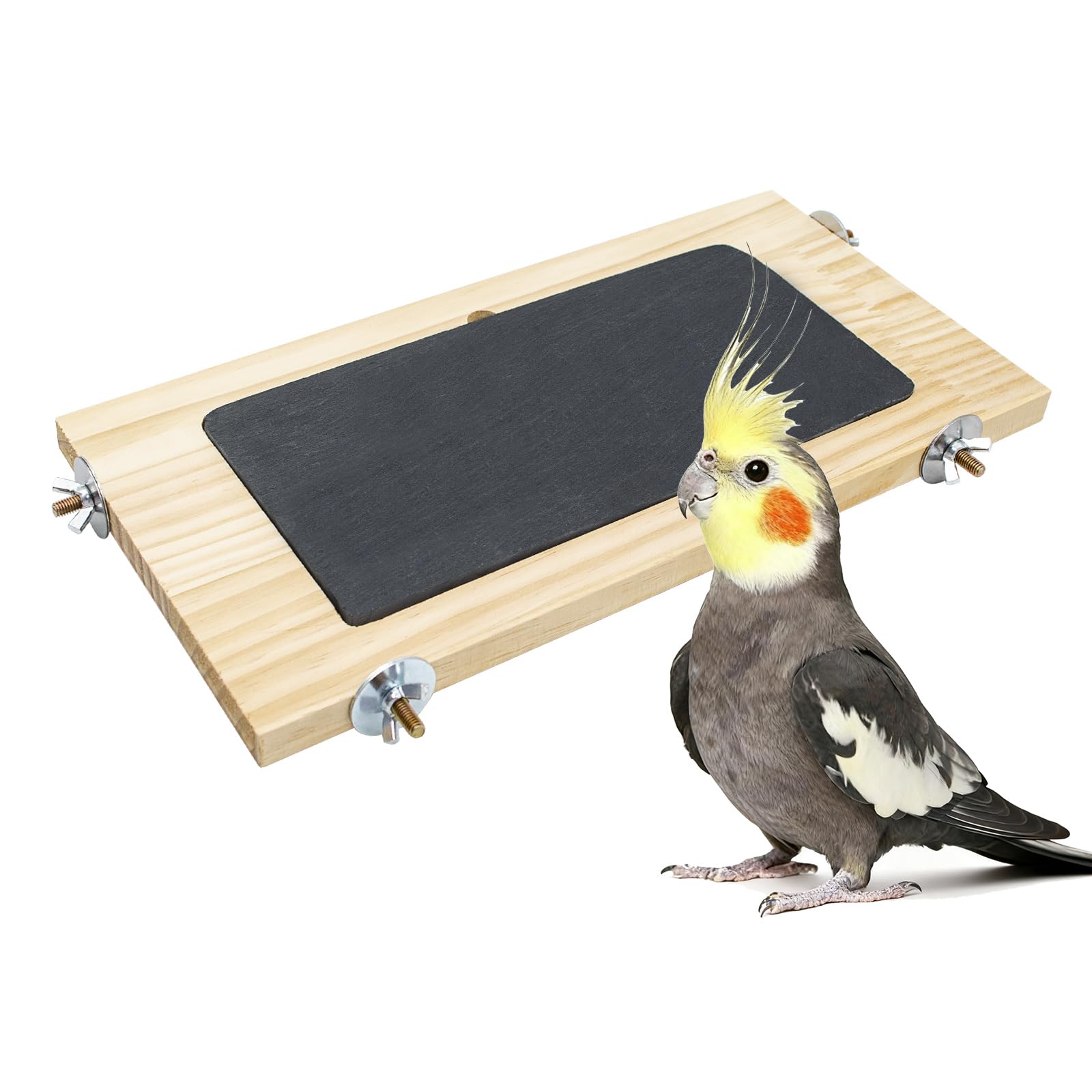 Bird Perch, Wooden Platform with Slate Rock, Bird Playground, Parakeet Shelf Stand Platform, Cage Accessories for Budgies, Cockatiels, Lovebirds, Green Cheeks, Small to Medium Birds