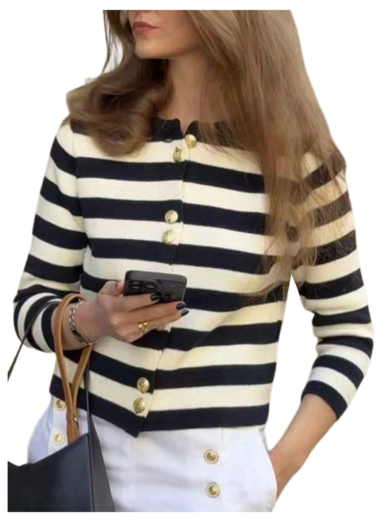 GORGLITTER Womens Striped Button Up Fall Cardigan 2025 Dressy Cozy Long Sleeve Crewneck Fall Fashion Knitwear Tops