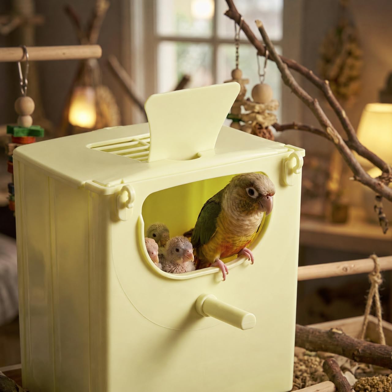 Zerodeko 4 Stück Vogel-Nistkasten, Kunststoff, Sittiche, Nistkasten, zum Aufhängen, Vogelzuchtkäfig, montierter Inkubationskasten, kleine Tierhütte, für Finken, Eichhörnchen, Papageien, Wellensittiche