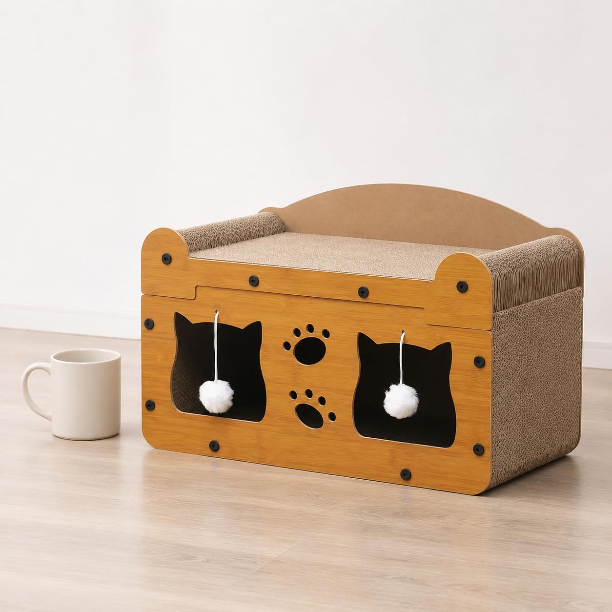 Kratzbaum Kratzfläche Katzenbett Spielzeug Wellpappe Stoff Funktion für Katzen Haustierbereich Wohnung Büro, Doppelschicht mit Doppeltür, 51 x 27 x 30 cm