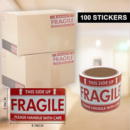 Miniatura 4 de 3 x 5 pulgadas  100 calcomanías frágiles en rollo, fácil de rasgar, etiquetas adhesivas permanentes de advertencia para caja de envío, cartón,