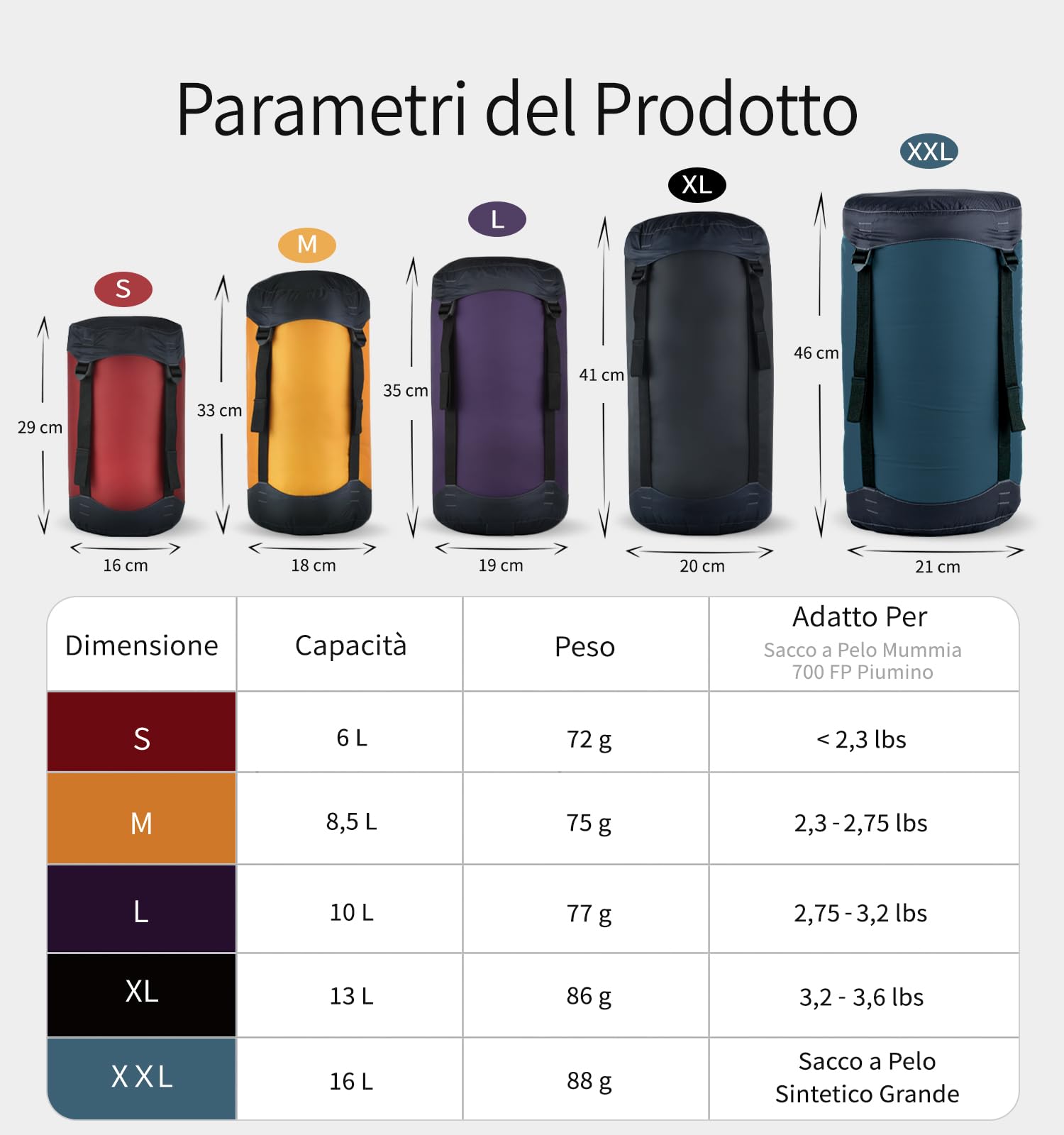 Litume Sacco di Compressione 6L, 8.5L, 10L, 13L, 16L, Resistente all'Acqua, Leggero e Compatto, in Tessuto Ripstop, per Sacchi a Pelo, con Chiusura a Corda, per Campeggio (Nero)