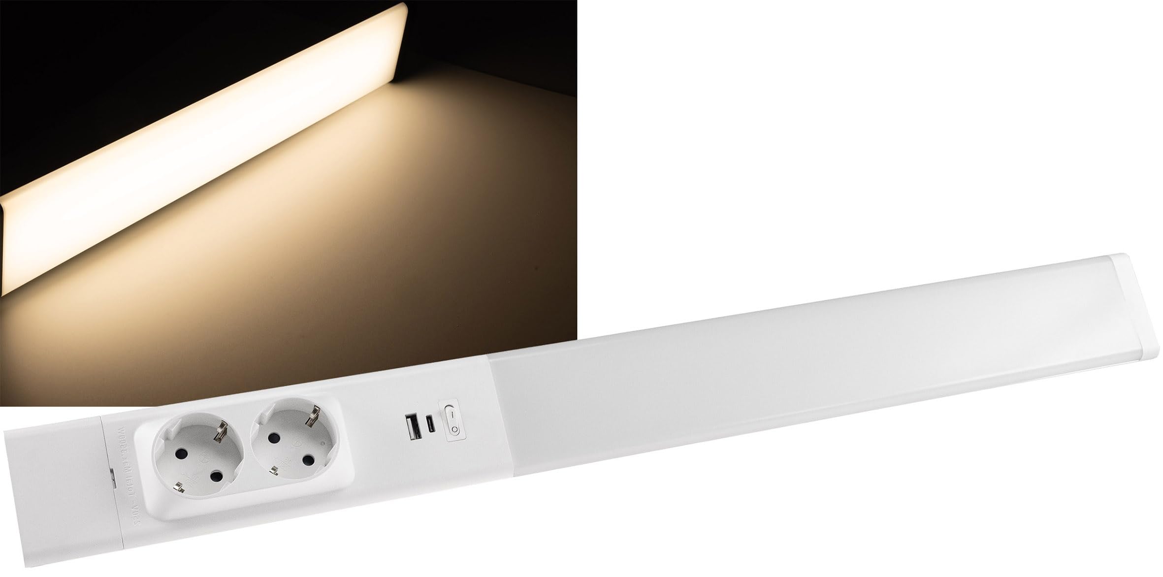 Lámpara LED para debajo de armario "Arusha", longitud 60 cm, aluminio y plástico, carcasa blanca, con USB A+C, luz blanca cálida, interruptor de luz independiente
