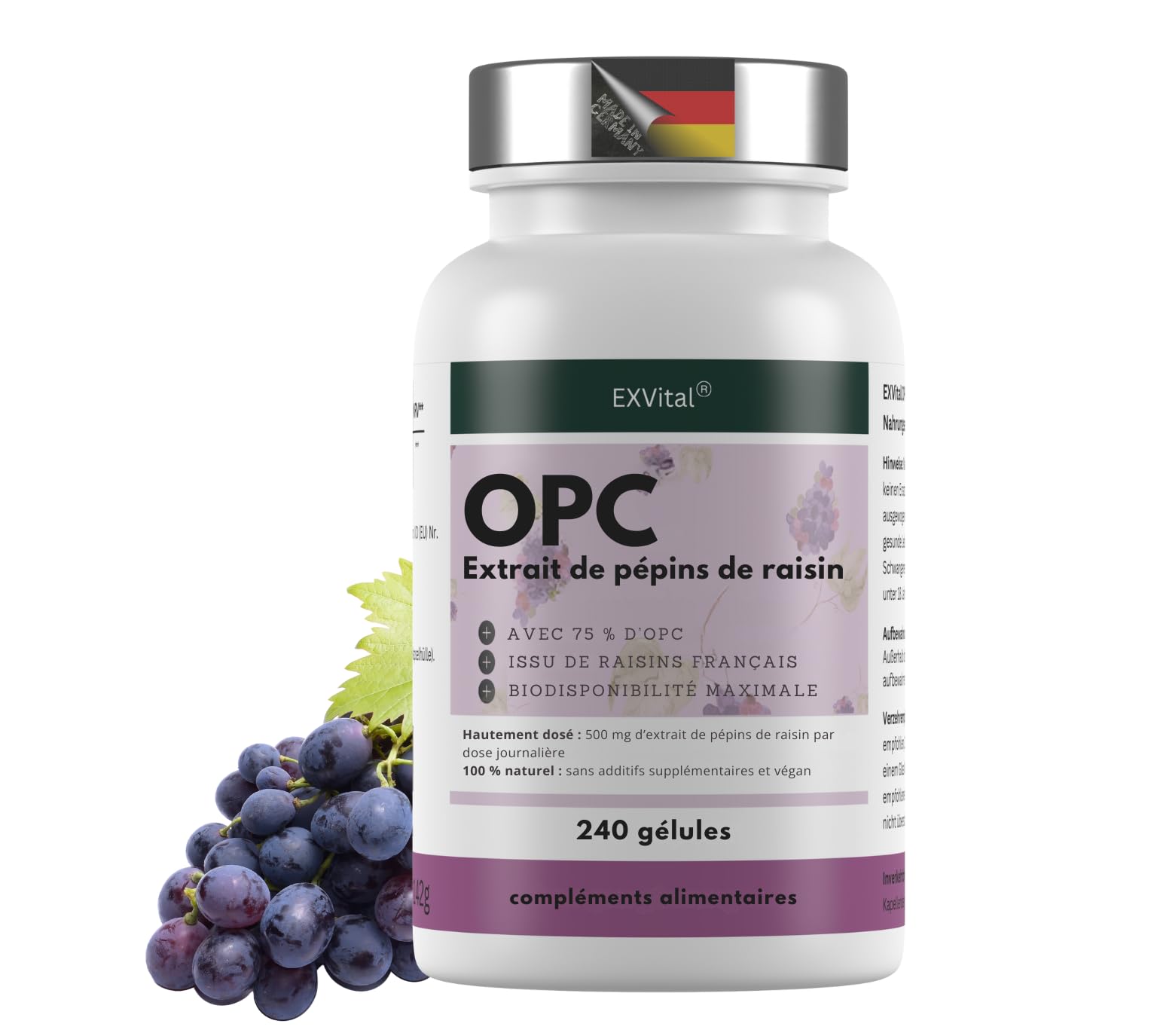 EXVital® OPC Extrait de pépins de raisin, 240 gélules, hautement dosé avec 500 mg par gélule, issu de raisins français, testé en laboratoire et vegan