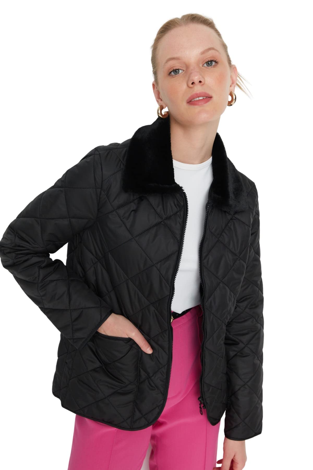 Trendyol Women Regular Puffer Shirt Collar Woven Jacket Black