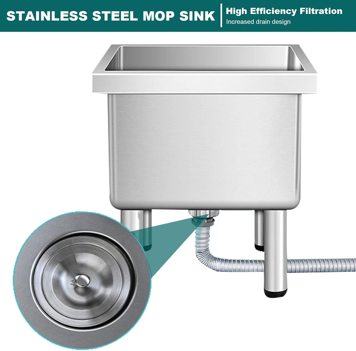 Floor Mop Sink Stainless Steel Mop Service Basin, Indoor/Outdoor Freestanding Sink Laundry Room Slop Sink Utility Tub Mop Bucket for Business,60cm