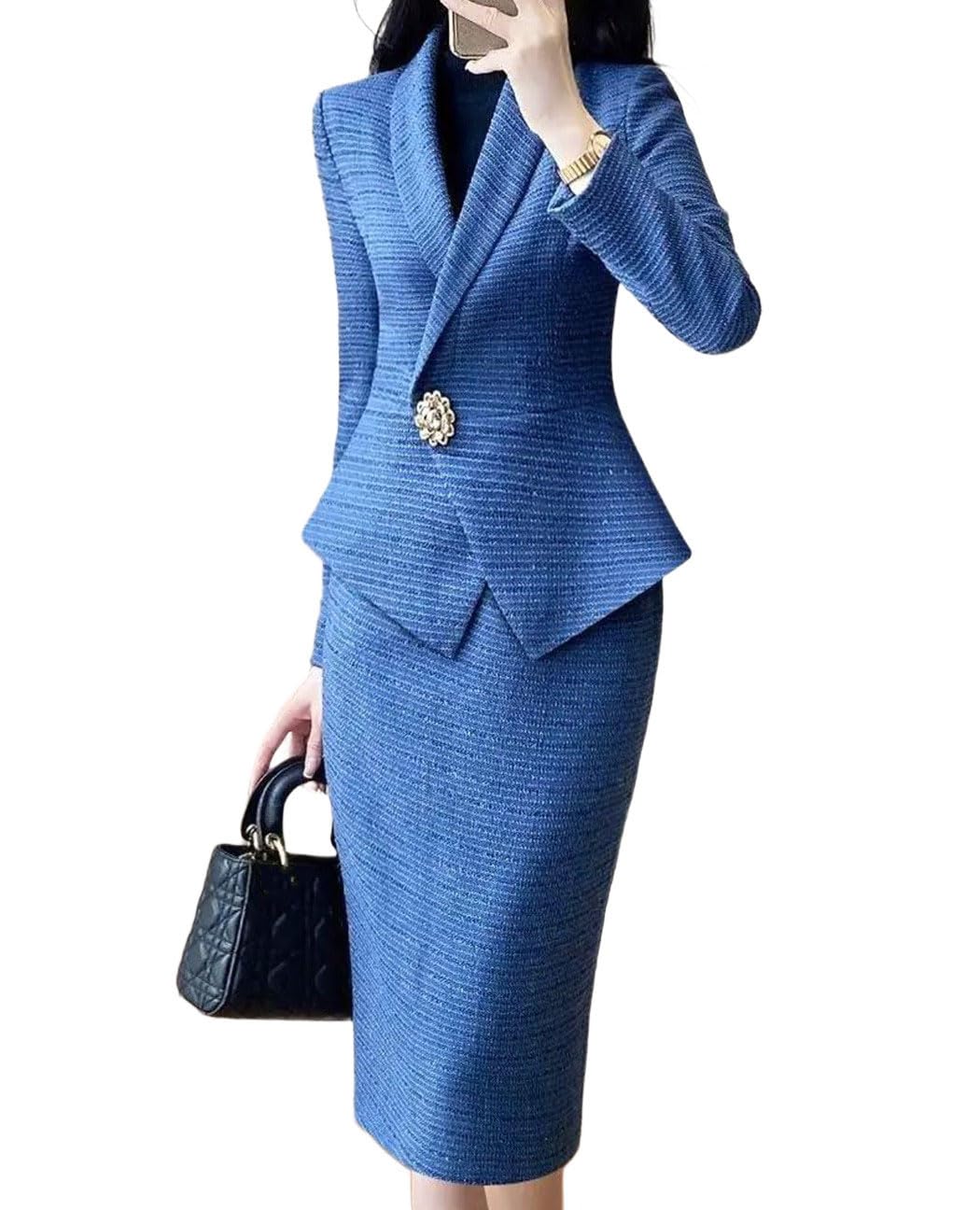 Women Two Piece Professional Suit Set Tailored Blazer with Fitted Skirt Elegant Formal Office Wear