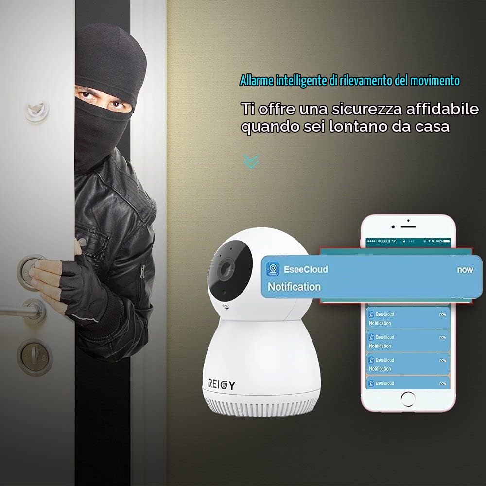 REIGY 1296P Telecamera Wi-Fi Interno 360 Gradi, 3MP Videocamera Sorveglianza IP Wireless Supporto Audio Bidirezionable Night Vision Allarme APP iOS/Android Compatibile NVR Sistema