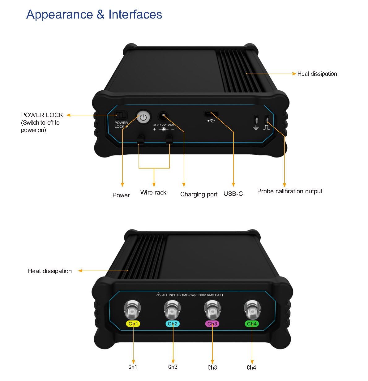 Micsig VATO2004 Oscilloscope showing ports and controls