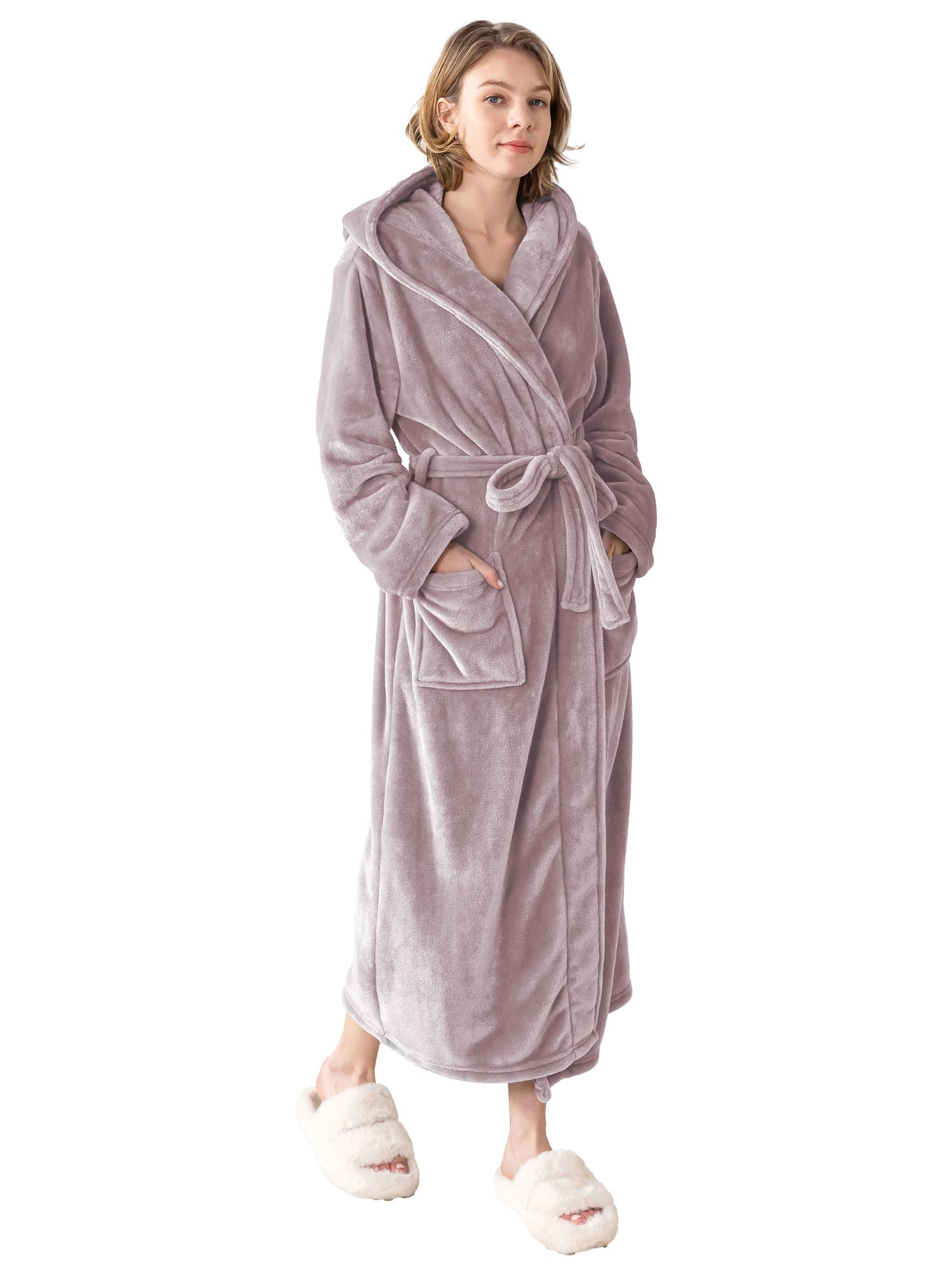KORBLISS Robes for Women - Hooded Plush Fleece Bathrobe with Sash & Pockets, Full-Length Lightweight Spa Robe