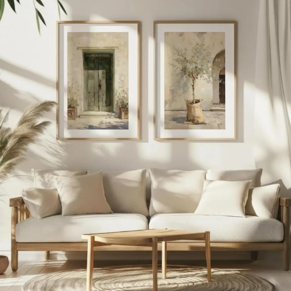 GOSRD Mediterraner Innenhof, Kunstdruck auf Leinwand, Olivenbaum-Motiv, Wanddekoration fürs Wohnzimmer (70 x 100 cm - 2 Stück/Innenrahmen)