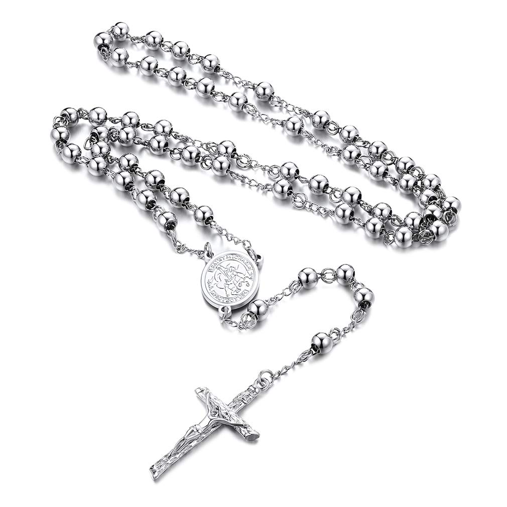 FaithHeart Collar Rosario Hombre Mujer Acero Inoxidable 316L Medalla San Miguel/Benito/Cristóbal/María con Cruz Jesucristo Joyería Religiosa para Rezo