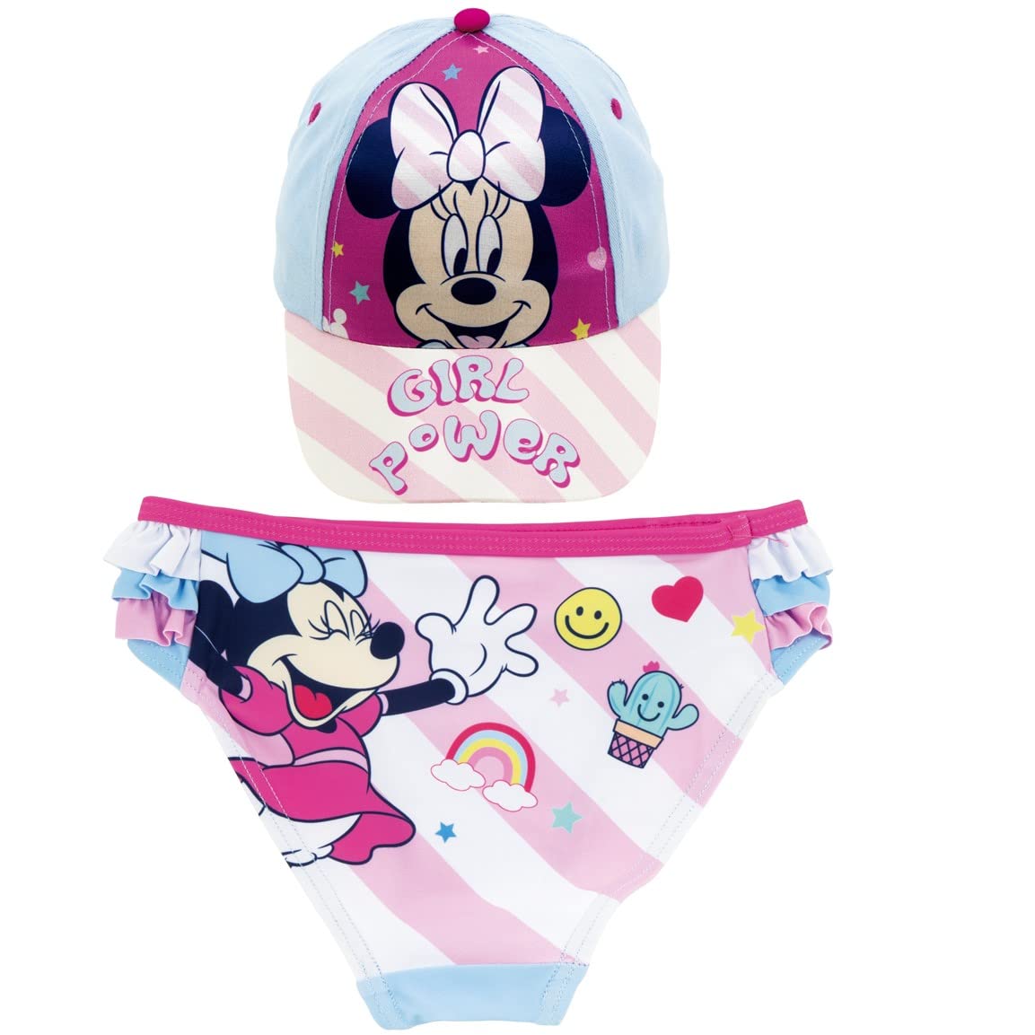 REQUETEGUAY Bañador Minnie Mouse Culetín para Playa o Piscina + Gorra Disney para Niñas | Pack de Bañador Culetín y Gorra Minnie Mouse Disney | Culetín Minnie Mouse con Volantes y Gorra Ajustable