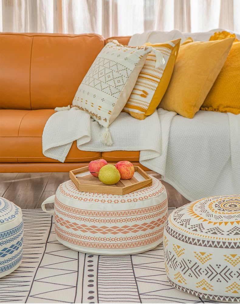 MOCOFO Unstuffed Round Pouf Cover, Boho Geometric Ottoman Footstool Cover with Handle, Decorative Floor Pillow & Storage Bean Bag for Living Room, Nursery, Patio (Yellow,18x18x8)