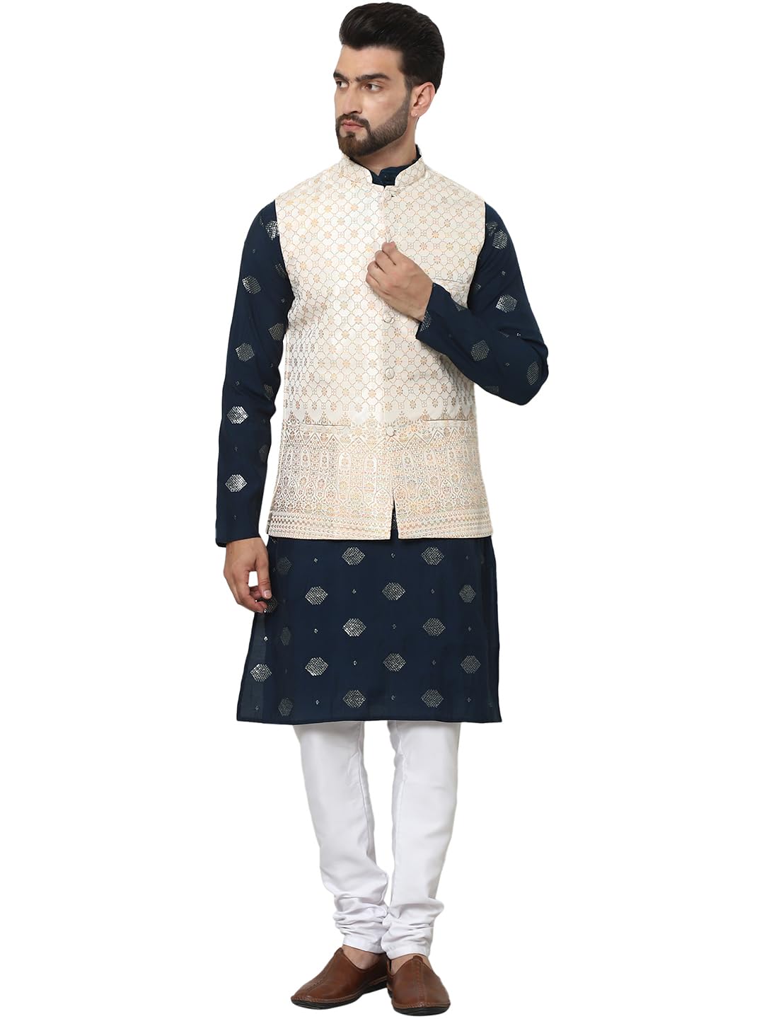 Men's Cotton Silk Sequinned Embroidered Kurta and White Pyjama with Embroidered Nehru Jacket-image-48