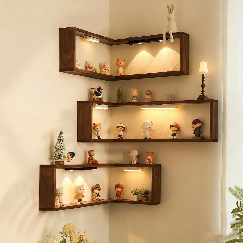 Smart Corner Shelves That Light up Your Space,Set of 3 Corner Floating Storage Shelves,Smart Corner Shelf with Light for Figurines and Collectibles, (Set of 3(LED Light not Included))