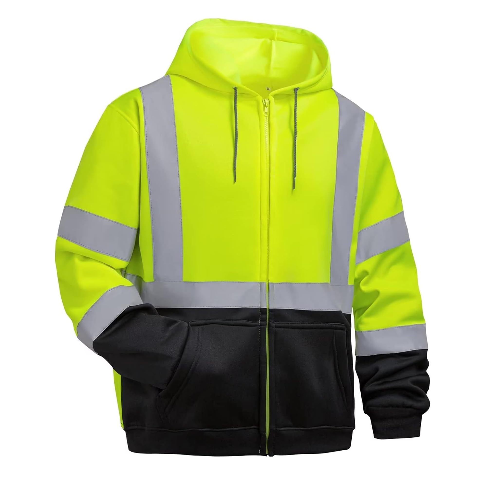 DPSAFETY High visibility Hoodie for Men,Class3 Hi Vis Hoodie with Zipper,Reflective Hooded Hood,Construction work Safety Sweatshirt with Large front
