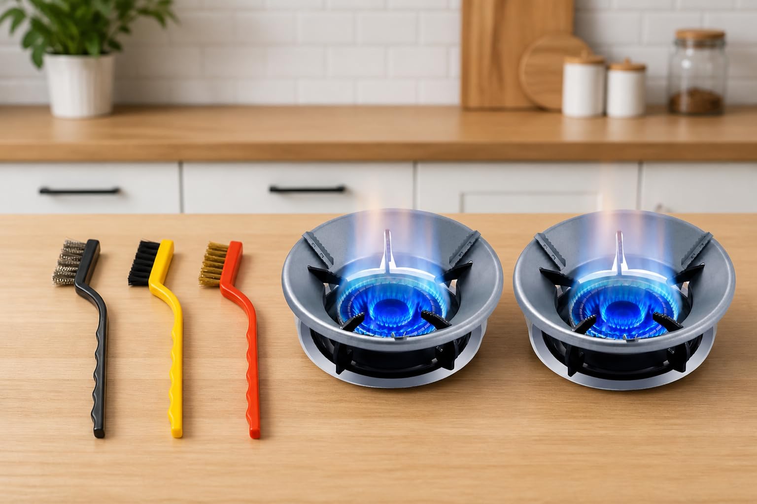 JUNJULA Black Gas Saver Burner Saver Stand Jali Ring Fire & Windproof Energy Saving, Set of 3 Pc Mini Wire Brush Cleaning Tool Kit Brass, Nylon, Stainless Steel Bristles (2pcs Silver Burner)
