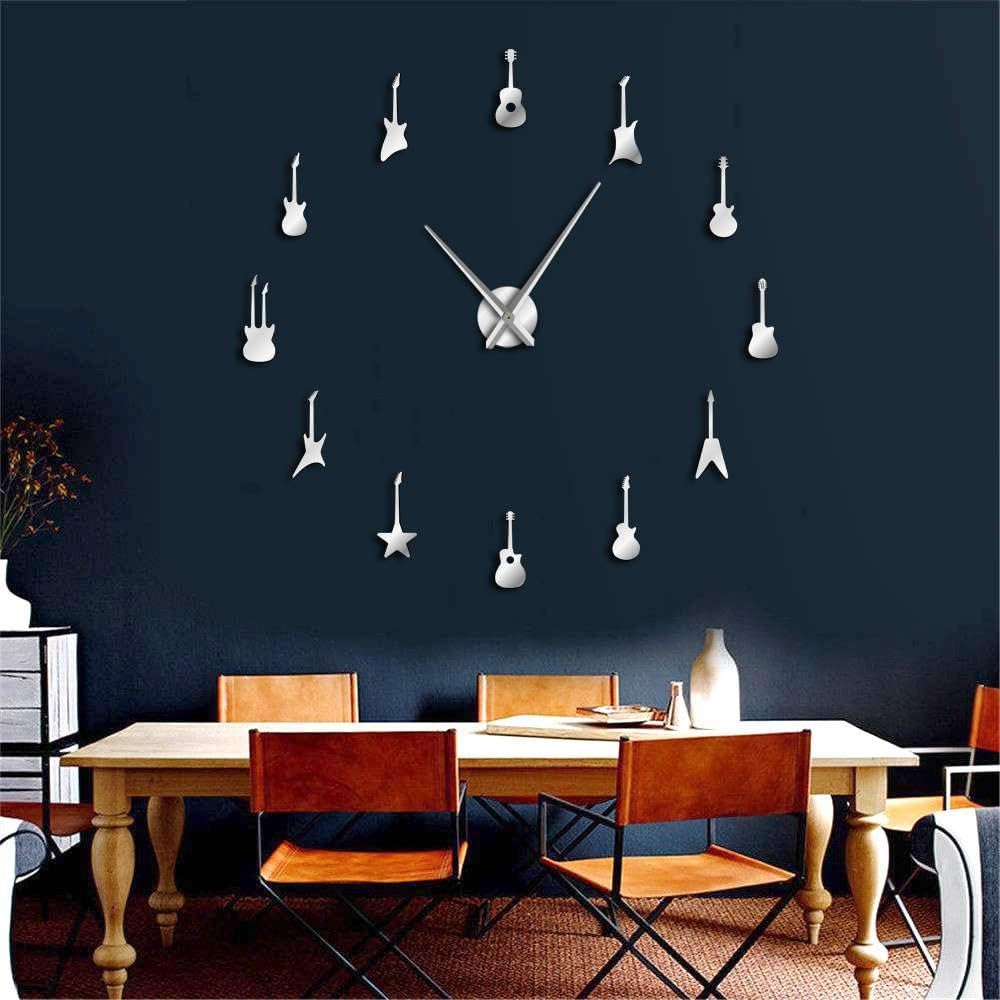 Guitar Variety Music DIY Giant Wall Clock Music Room Decor Frameless Big Needles Large Wall Clocks Rock and Roll Guitar Wall Watch(Silver,47inch)