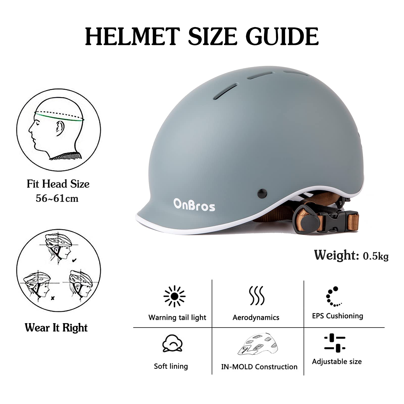 Kask rowerowy, rower elektryczny, dla dorosłych, mężczyzn, kobiet, górski i szosowy, 56–61 cm, regulowany rozmiar, do rowerów, skuterów elektrycznych, szary