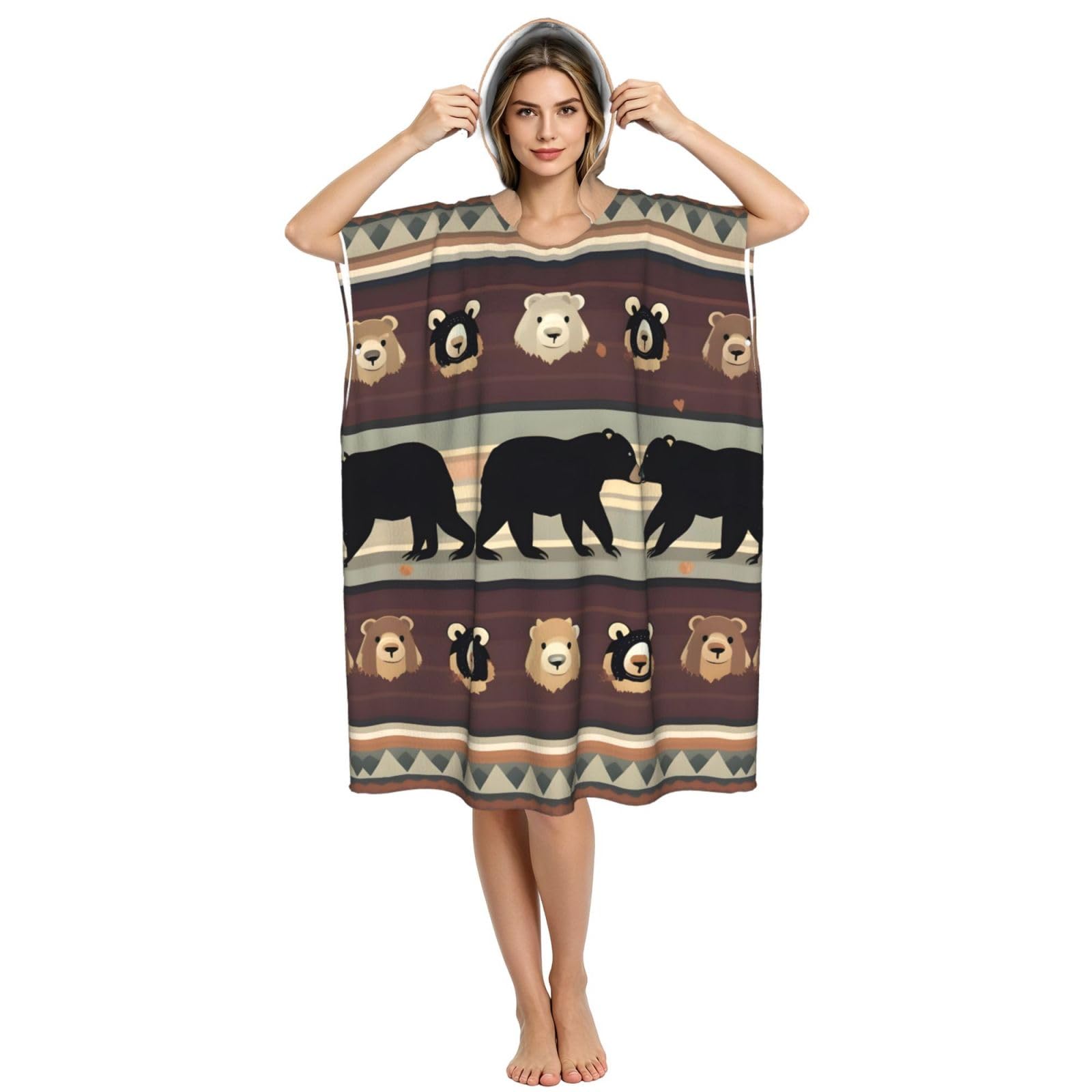 Yyoretp Bear Print Surf Poncho Changing Towel Swim Robe Hoodie Quick Dry Terry Cloth Swimming Cover Up