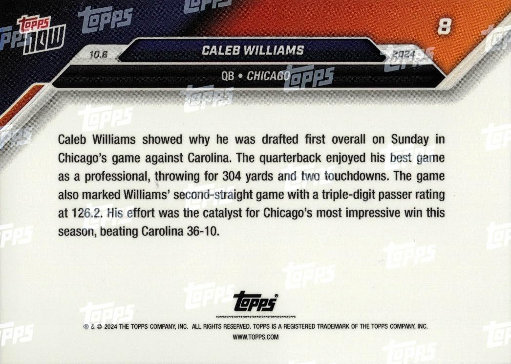 2024 Topps Now Football #8 Caleb Williams Rookie Card - Only 4,728 made!