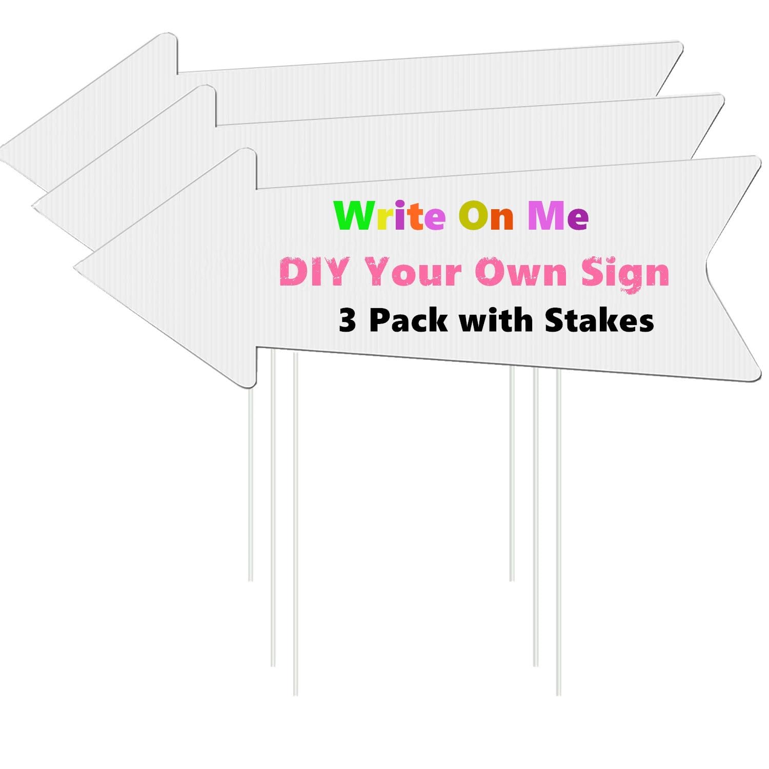 HEIOKEY3 Pack Blank Yard Signs with Stakes Arrow 6 x 17 Inch, Double Sided DIY Custom Blank Arrow Signs, White Plastic Decorative Signage Directional Signs for Wedding, Parking Lot, Guidepost Decor